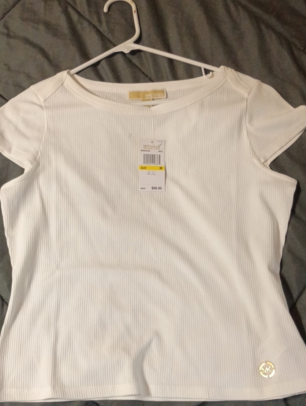 Michael Kors White Ribbed Short Sleeve Tee with Logo Emblem
